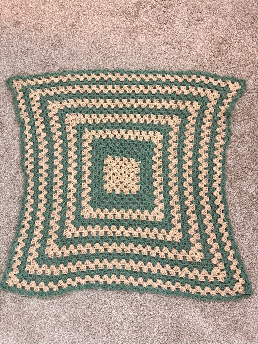 Green and Cream Crochet Square Throw Blanket - Handcrafted Home Accent